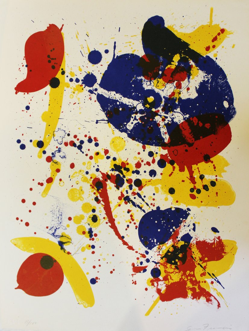 Sam Francis "Untitled" Original lithograph: Artist: Sam Francis (1923-1994) American abstract painter and print maker Title: Untitled Year: 1963 Medium: original lithograph on BFK rives paper Edition: Edition of 100 Size: 15" x 19 1/8" Si