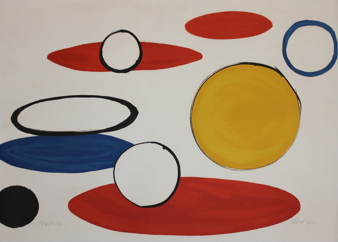 Alexander Calder "White Circles and Elipses": Artist: Alexander Calder Title: White Circles and Elipses Medium: Lithograph in colors Suite: Our Unfinished Revolution portfolio Year: 1976 Edition: 174 from the limited edition of 175 Size: 22