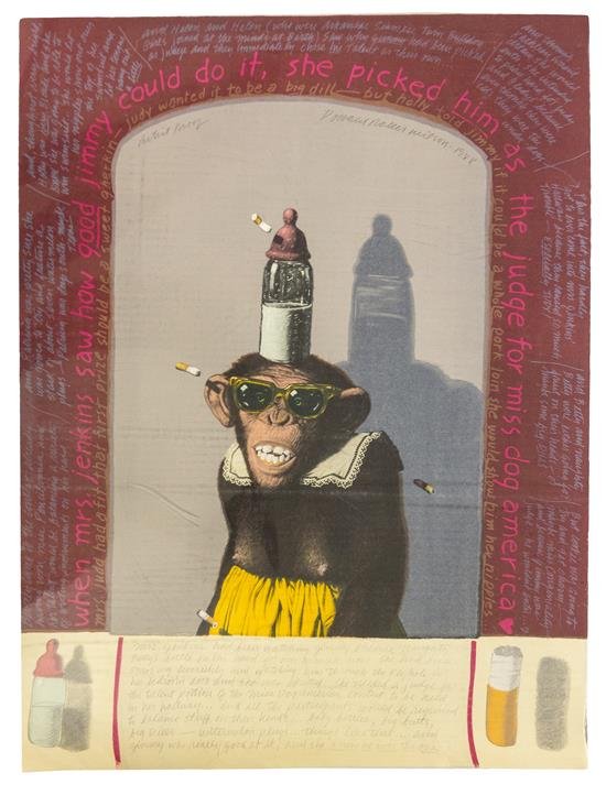 Donald Roller Wilson "When Mrs. Jenkins saw...": Artist: Donald Roller Wilson Title: When Mrs. Jenkins saw how good Jimmy could do it, she picked him as the judge for Miss Dog America Year: 1988 Medium: Color lithograph Edition: AP Size: 30" x 22"