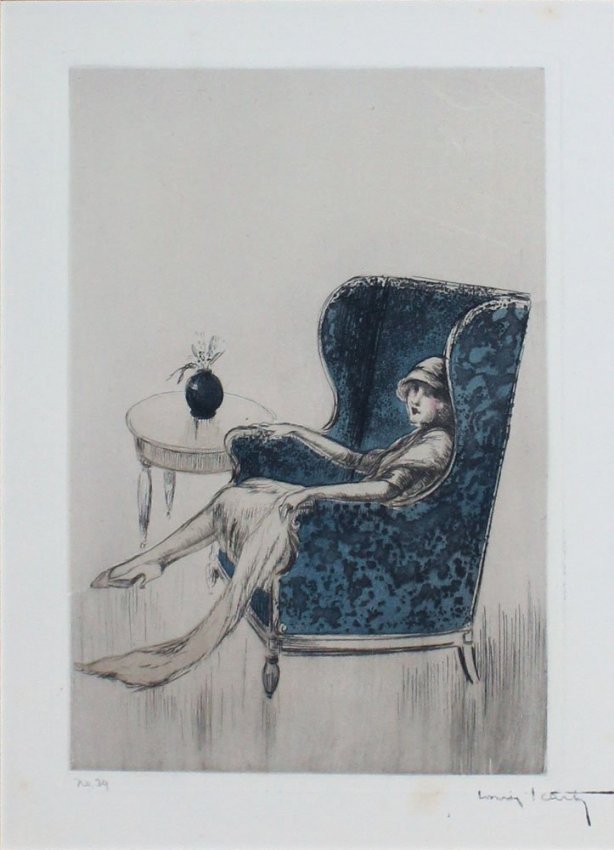 Louis Icart "The Blue Chair": Artist: Louis Icart Title: The Blue Chair Suite: L'Ingenue Libertine Year: 1926 Medium: Original copperplate etching on paper Edition: From the limited edition of 500 on Hollande van Gelder Publ
