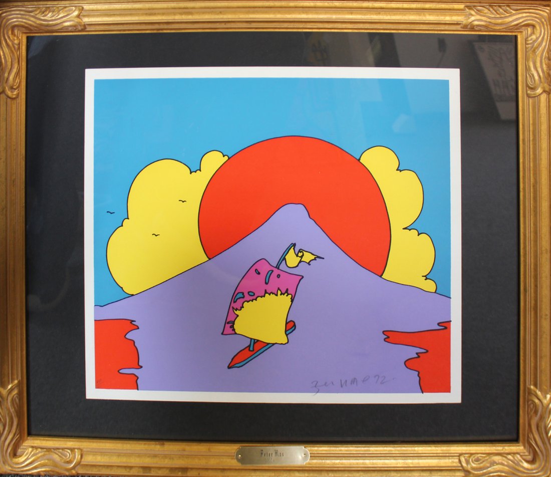 Peter Max "Floating in Peace": Artist: Peter Max Title: Floating in Peace Medium: Serigraph on TH Saunders paper Size: 18" x 16" Year: 1972 Signature: Hand signed and numbered in graphite Edition: Printer's proof from the rar