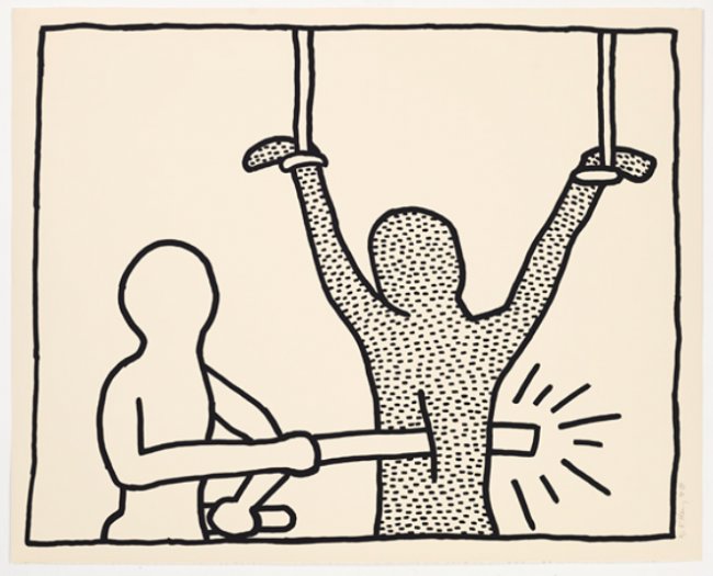 Keith Haring "Untitled, from The Blueprint Drawings": Artist: Keith Haring Title: Untitled Suite: The Blueprint Drawings Year: 1990 Medium: Screenprint on Arches Cover paper Edition: Un-numbered dedication proof Publisher: Durham Press, Durham, Pen