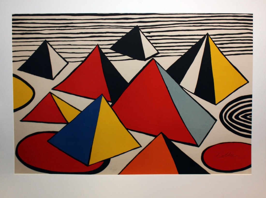 Alexander Calder "Pyramids II": Artist: Alexander Calder Title: Pyramids Year: c. 1975 Medium: Lithograph in colors on Arches Edition: 65 from the limited edition of 95 Publisher: Arts-Litho, Paris Signature: Signed and number