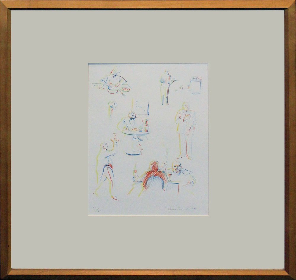 Wayne Thiebaud "Cafe Sketches": Artist: Wayne ThiebaudTitle: Cafe SketchesSuite: The Physiology of TasteYear: 1994Medium: Original lithograph in colors on paperEdition: From the limited edition of 20Publisher: Arion PressSize: 13" x