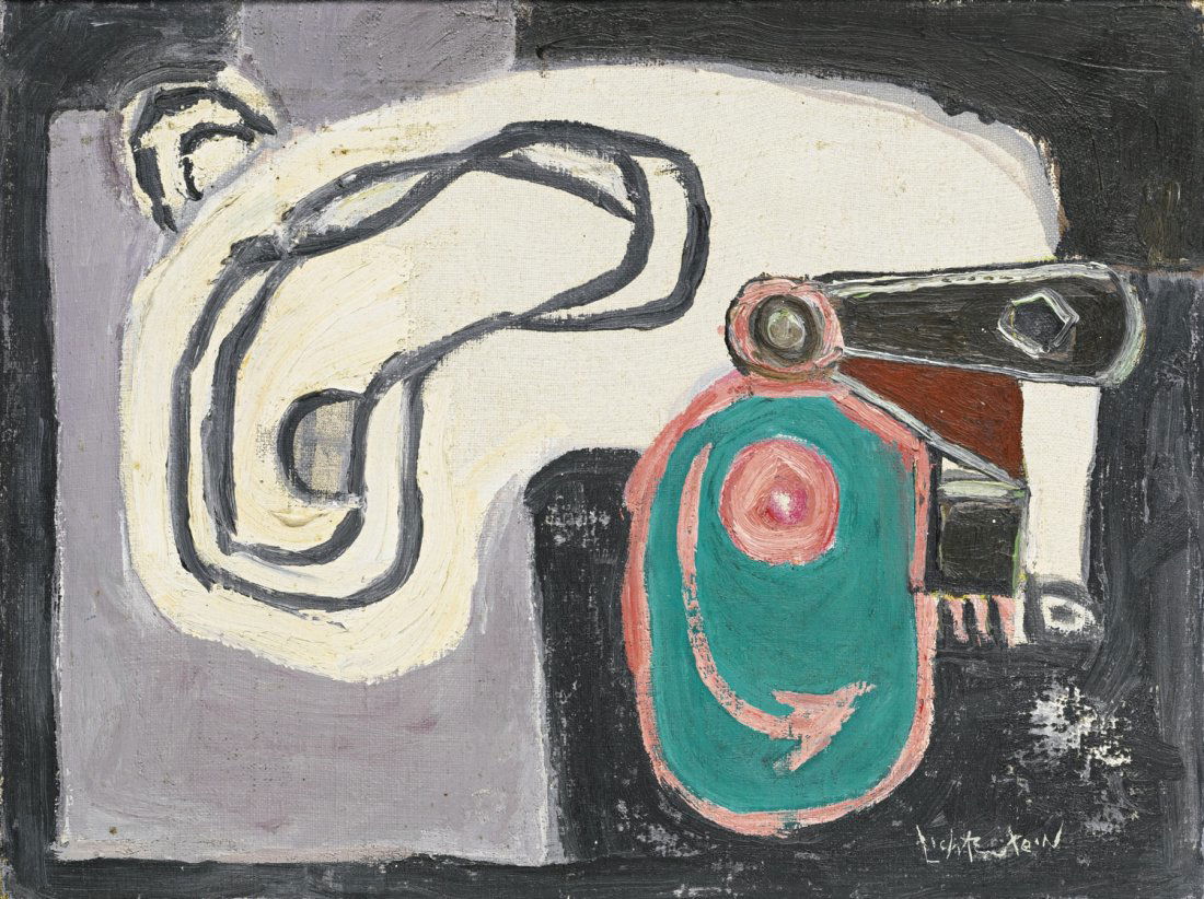 Roy Lichtenstein, Original oil "Eccentric Cam": Artist: Roy Lichtenstein Title: Eccentric Cam Signature: Signed by the artist Medium: Original oil on canvas Year: Executed 1954 Edition: Unique one of a kind work of art Size: 12" x 16"