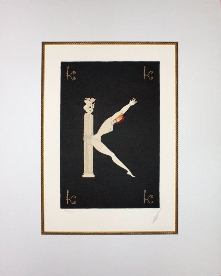Erte "Letter K": Artist: ErteTitle: Letter KSuite: The Alphabet SuiteYear: 1976Medium: Original lithograph and serigraph in colors on paperEdition: From the limited editionSize: 15 3/4" x 10 1/2" (image)Signature: Han