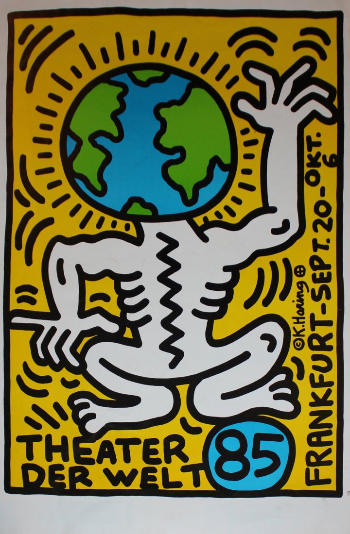 Keith Haring "Theater der Welt": Artist: Keith Haring Title: Theater der Welt Year: 1985 Medium: Lithographic poster COA provided. Guaranteed authentic.