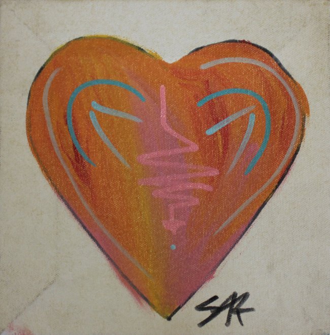 Steve Kaufman "Heart": Artist: Steve Kaufman Title: Heart Medium: Original mixed media silkscreen painting on canvas Edition: Unique original work of art Size: 8 1/8" x 8 1/8" Signature: Hand signed in marker COA