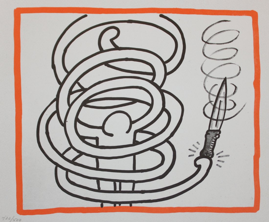 Keith Haring, from Against All Odds: Artist: Keith Haring Suite: Against All Odds Year: 1990 Medium: Lithograph Edition: 422 from the rare limited edition of 500 Size: 10 1/3" x 8 1/2" COA provided. Guaranteed authentic.