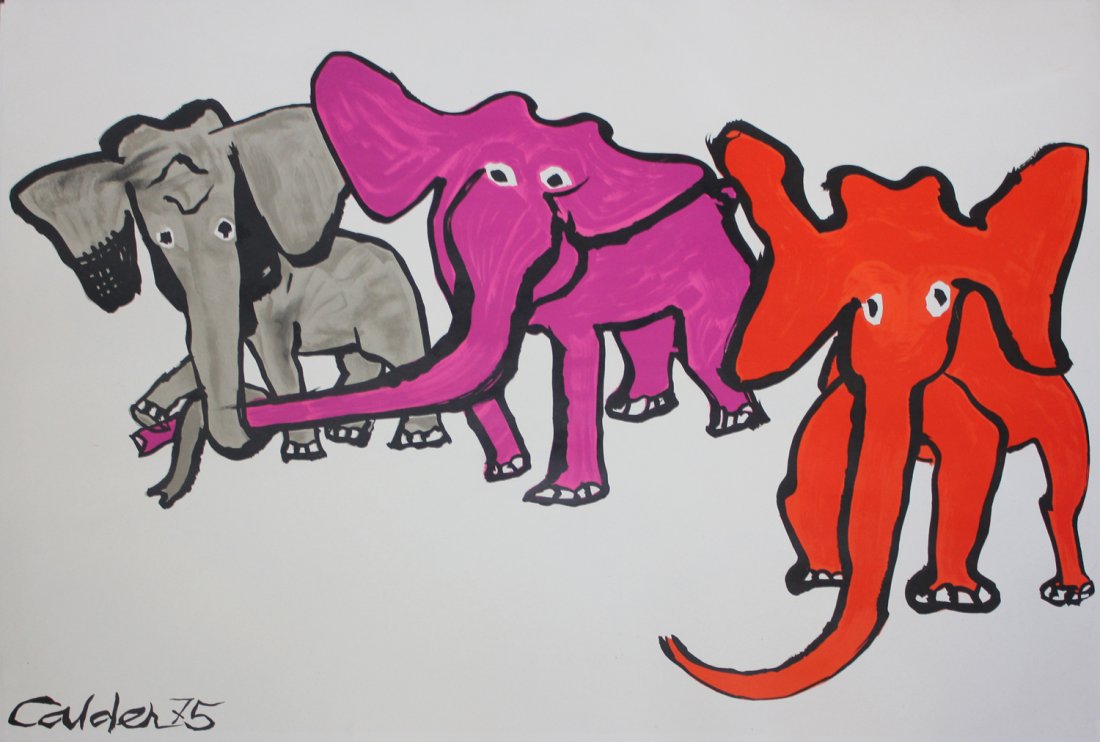 Alexander Calder "Elephants": Artist: Alexander Calder Title: Elephants Year: 1976 Portfolio: Our Unfinished Revolution Medium: Lithograph Edition: From the limited edition Size: 22" x 30" Signature: Signed and dated