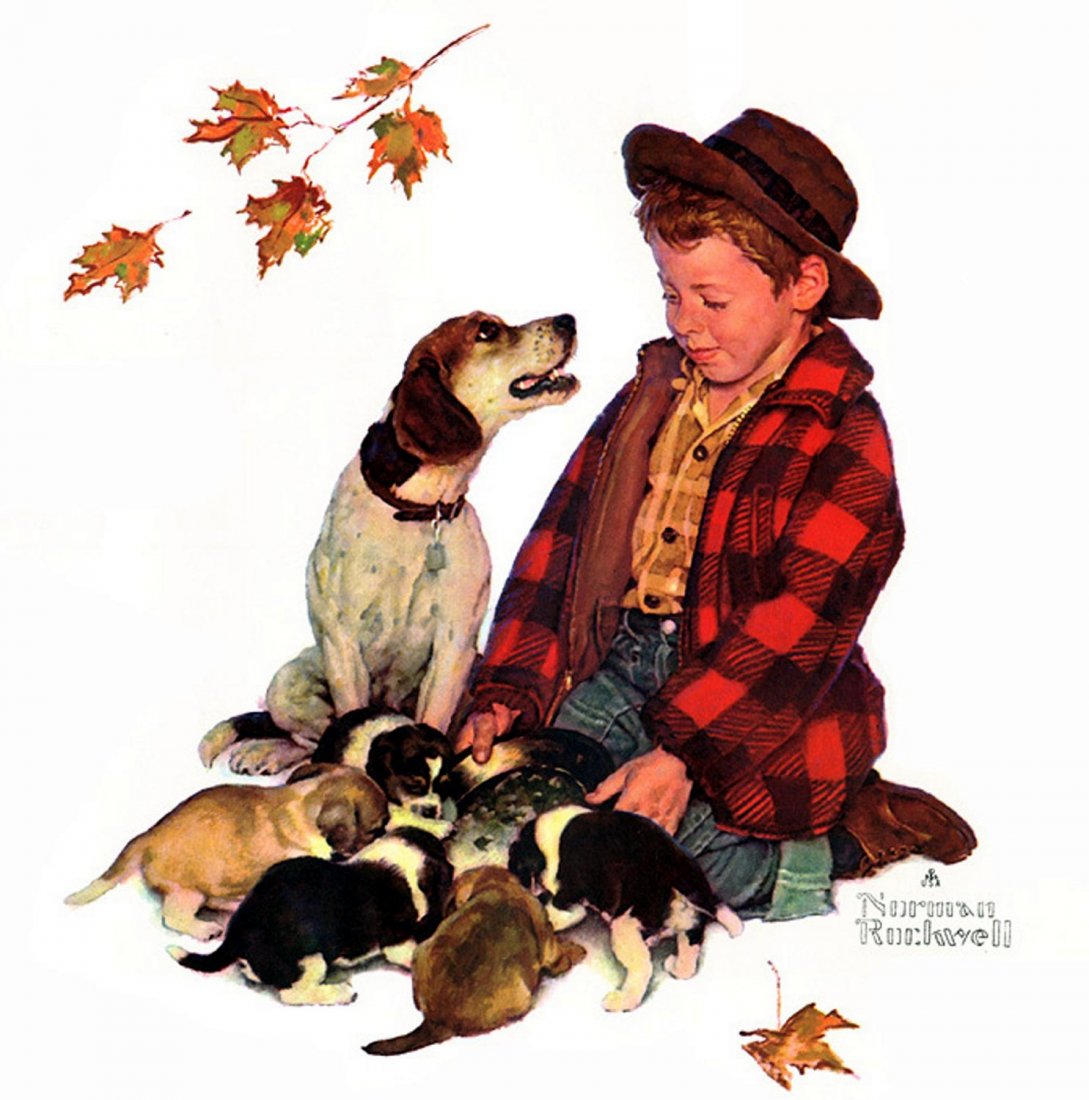Norman Rockwell "Pride of Parenthood": Artist: Norman Rockwell Title: Pride of Parenthood Suite: From the Puppy Love Suite Medium: Original offset lithograph Edition: From the rare limited edition of 300 Size: 18 7/8" x 17 1/4" Signa