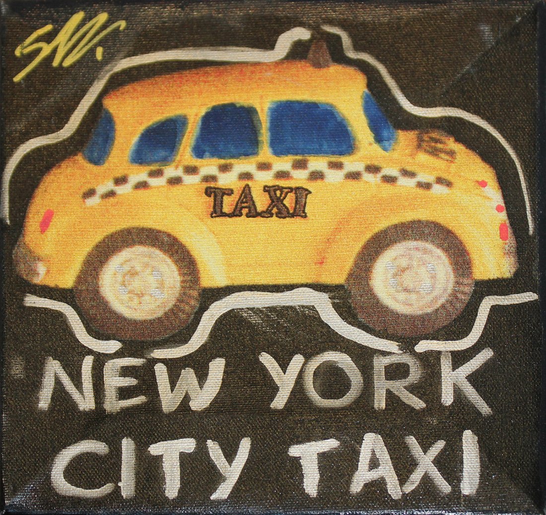 Steve Kaufman "New York Taxi": Artist: Steve Kaufman Title: New York Taxi Medium: Original mixed media silkscreen painting on canvas Edition: Unique original work of art Size: 8 1/8" x 8 1/8" Signature: Hand signed in marker
