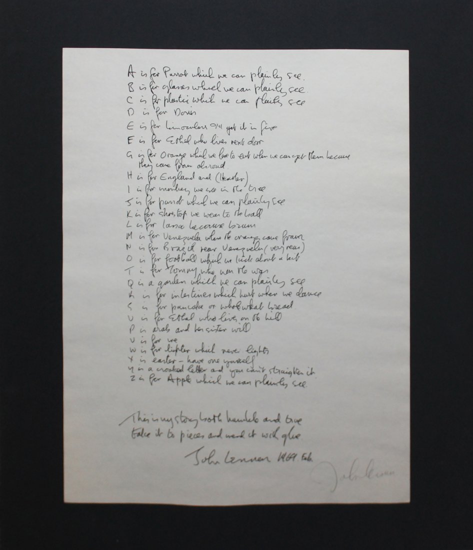 John Lennon "Poet's Page": Artist: John Lennon Title: Poet's Page Year: 1969 Medium: Lithograph Edition: From the rare limited edition Size: 14 1/2" x 19 1/2" Signature: Signed in the plate COA provided. Guara