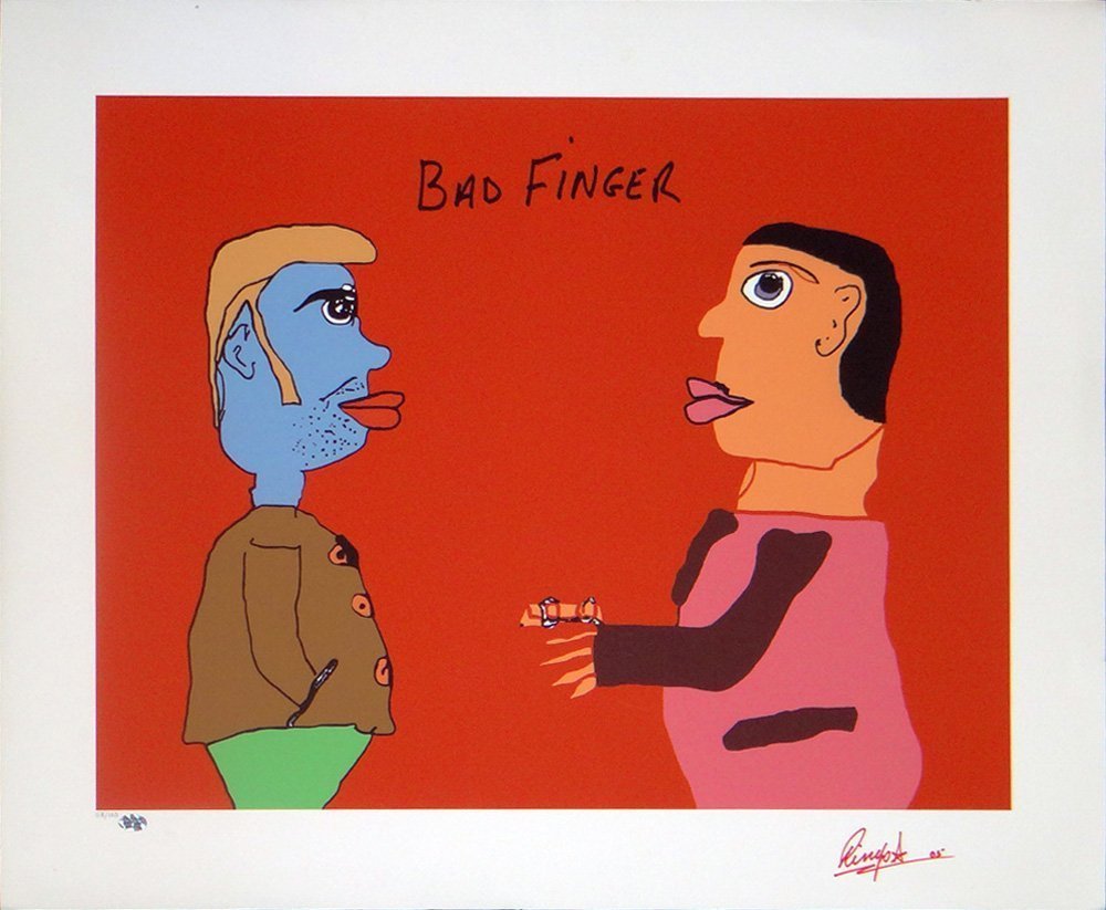 Ringo Starr "Bad Finger": Artist: Ringo StarrTitle: Bad FingerYear: 2005Medium: Original serigraph in colors on paperEdition: From the limited edition of 100Publisher: Celebrity Art, PennsylvaniaSize: 23" x 29"Signature: Hand 