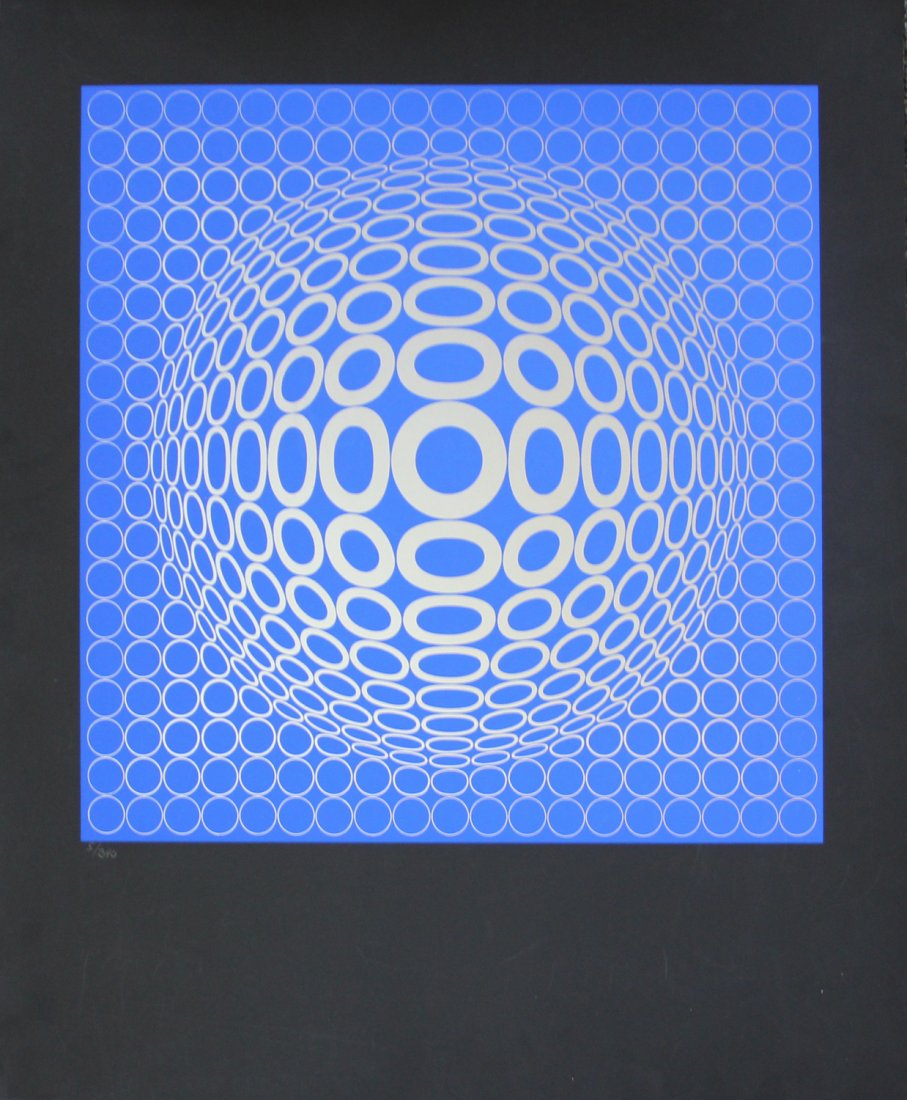 Victor Vasarely "Untitled (Tuz in Blue and Silver)": Artist: Victor Vasarely Title: Untitled (Tuz in Blue and Silver) Year: 1974 Medium: Color screenprint on paper Edition: From the rare limited edition of 340 Size: 23 1/2" x 19 3/8" Signature: Si