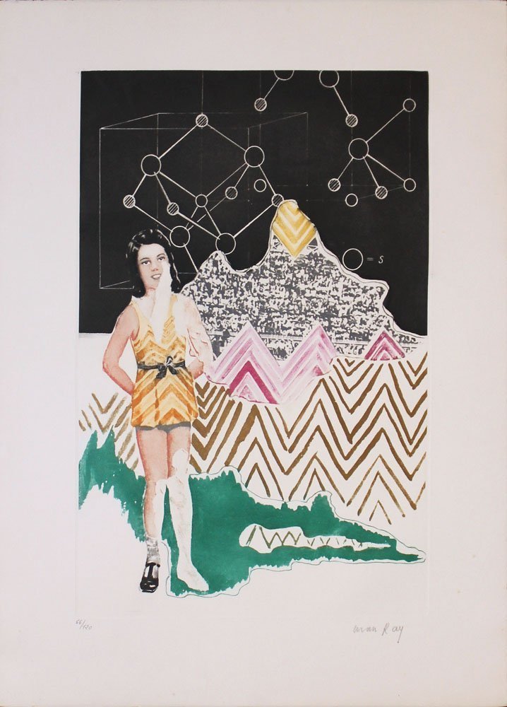 Man Ray "Girl at an Exposition": Artist: Man Ray Title: Girl at an Exposition Medium: Original photogravure in colors on paper Edition: From the limited edition of 120 Size: 20" x 13 1/2" Signature: Hand signed by the artist in penci