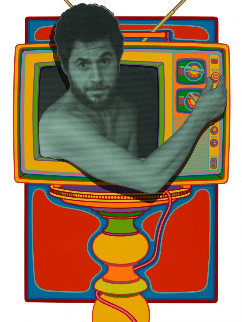 Clayton Pond, "Self-Portrait in Color TV": Artist: Clayton Pond Title: "Self-Portrait in Color TV" Year: 1981 Medium: Original color serigraph Edition: From the rare limited edition Dimensions: 40" x 30" Signature: Signed and titled in pencil 