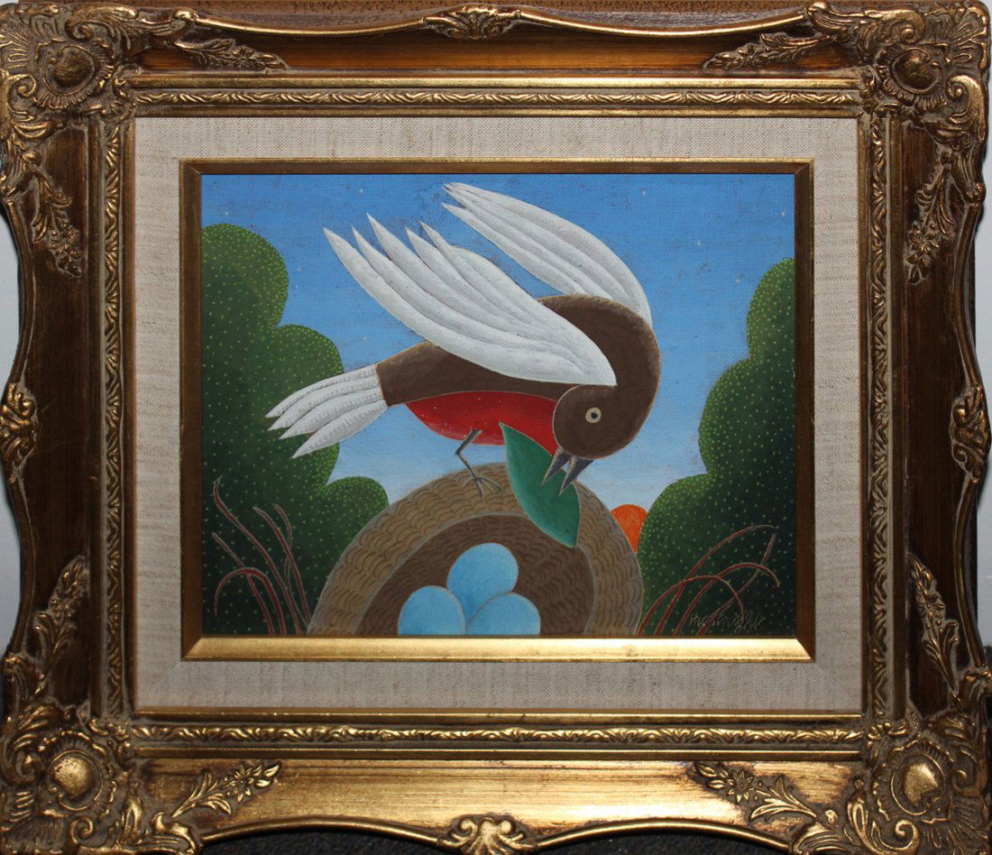 Original Oil by Thomas McKnight "Untitled (Bird)": Artist: Thomas McKnight Title: Untitled (Bird) Medium: Original acrylic on canvas Edition: Unique, original work of art Year: 1979 Framed: 15 1/2" x 13 1/2" Canvas: 10 1/8" x 8 1/4" Sign