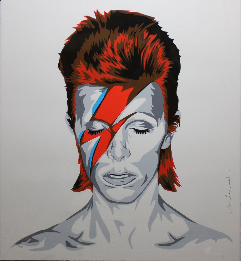 Mr. Brainwash "Bowie": Artist: Mr. Brainwash Title: Bowie Year: 2016 Medium: 6-color screenprint Edition: From the rare limited edition of 169 Size: 22 1/2" x 22 1/2" Signature: Hand signed by the artist in pencil