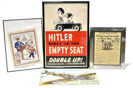 Vintage Lot of 4 WWII U.S. and Adolf Hitler Nazi: Vintage Lot of 4 WWII U.S. and Adolf Hitler Nazi Germany Propaganda Posters - Offered Without Reserve - There is NO ESTIMATE on this item. - The Framed Large "Hitler Rides in the Empty Seat"