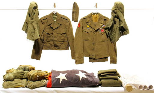 Lot of WWII U.S. Army Uniforms with Bundles of Military: Offered Without Reserve - There is NO ESTIMATE on this item. - Vintage Lot of WWII U.S. Army Uniforms with Bundles of Military Socks and National United States Flag