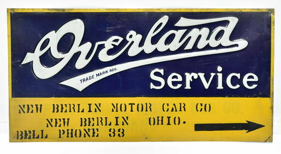 Early Overland Automobile Service New Berlin Ohio: Offered Without Reserve - There is NO ESTIMATE on this item. - Early Vintage Original Embossed Tin Automobile Service Sign. New Berlin Motor Car Co. New Berlin Ohio. Good gloss and color. Displays