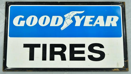 GOODYEAR Tires Embossed Tin Sign: Offered Without Reserve - There is NO ESTIMATE on this item. - Vintage Original GOODYEAR Tires Embossed Thick Tin Sign. Very good condition. Good gloss and color. Has some scratches and wear.