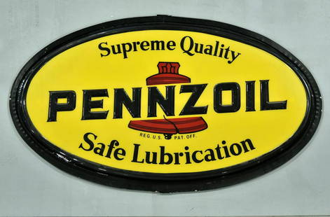 PENNZOIL Safe Lubrication Lighted Oval Embossed Plastic: Offered Without Reserve - There is NO ESTIMATE on this item. - Vintage Original PENNZOIL Supreme Quality Safe Lubrication Gas Station Automobile Garage Lighted Sign. Good solid condition. Light