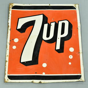 7UP Tin Soda Larger Sign: Offered Without Reserve - There is NO ESTIMATE on this item. - Vintage Original Single-Sided Tin 7UP Soda Sign. Good color and gloss. Neat look to it. Will display well. Has wear, bending, denting