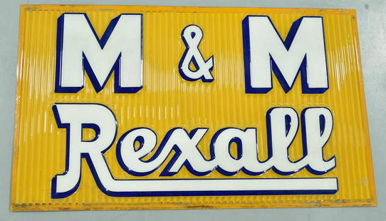 M&M Rexall Drug Store Embossed Plastic Sign: Offered Without Reserve - There is NO ESTIMATE on this item. - Vintage Original Single Sided M&M Rexall Drug Store Embossed Plastic Sign. Good solid condition. Good gloss and color. Has some wear and