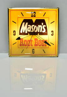 Mason's Root Beer PAM USA Advertising Clock: Offered Without Reserve - There is NO ESTIMATE on this item. - Vintage Original Mason's Root Beer PAM USA Advertising Clock. Lights and runs. Original advertising face has some checking and wear.