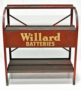 Willard Batteries Battery Display Shelf Sign: Offered Without Reserve - There is NO ESTIMATE on this item. - Vintage Original Willard Batteries Automobile Battery Display Shelf Sign. Good solid condition. Displays well. Has wear and scratches.