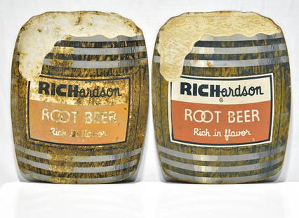 Lot of 2 Richardson Die Cut Single-Sided Tin Root Beer: Offered Without Reserve - There is NO ESTIMATE on this item. - Vintage Original Lot of 2 Richardson Die Cut Single-Sided Tin Root Beer Barrel Signs. One is nicer than the other. Both have scratches