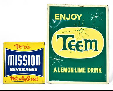 Lot 2 Soda Signs: Drink Mission Embossed Tin Sign &: Offered Without Reserve - There is NO ESTIMATE on this item. - Vintage Original Lot of 2 Soda Signs: Drink Mission Embossed Tin Sign & Enjoy TEEM Embossed Tin Sign. Both are in good condition. They