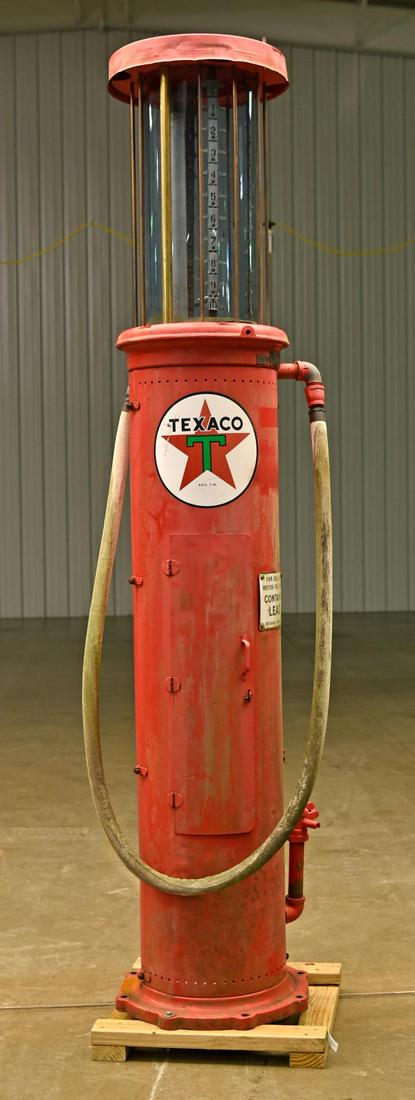 Visible Texaco Gas Pump: Offered Without Reserve - There is NO ESTIMATE on this item. - Vintage Original Gas Pump. Texaco sticker. Solid. Older repaint. Glass Cylinder. Has wear and some denting. Displays well. - LOCAL PICK U