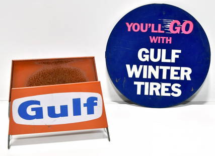 Lot of 2 Double-Sided Complete GULF Tire Display Sign &: Offered Without Reserve - There is NO ESTIMATE on this item. - Vintage Original Lot of 2: Double Sided Complete GULF Tire Display Sign & GULF Tin Tire Insert Sign. Both are in good condition with