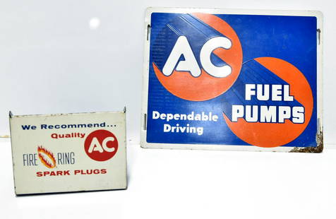 Lot of 2 AC Fuel Pumps SST Sign & We Recommend Quality: Offered Without Reserve - There is NO ESTIMATE on this item. - Vintage Original Lot of 2: AC Fuel Pumps SST Sign & We Recommend Quality AC Fire Ring Spark Plugs Catalog Display Sign. Both are in good