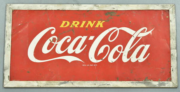 Drink Coca-Cola Tin Sign in Original Wood Frame: Offered Without Reserve - There is NO ESTIMATE on this item. - Vintage Original Drink Coca-Cola Tin Sign in Original Wood Frame. Neat look to it. Has wear and scratches. Displays well. Larger in size.