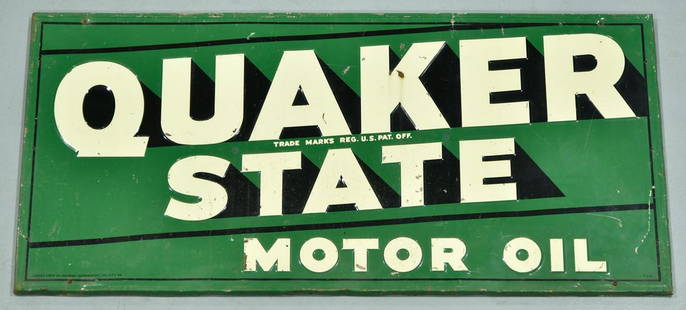 1962 Quaker State Motor Oil Embossed Tin Sign: Offered Without Reserve - There is NO ESTIMATE on this item. - Vintage Original Dated 1962 Single-Sided Quaker State Motor Oil Embossed Tin Sign. Good color and gloss. Has denting, scratches and