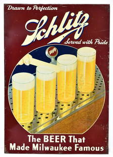 Schlitz Draft Beer Bar Sign: Offered Without Reserve - There is NO ESTIMATE on this item. - Early Vintage Original Tin Schlitz Draft Beer Bar Sign. Schlitz Drawn to Perfection. The Beer that Made Milwaukee Famous. Back reads