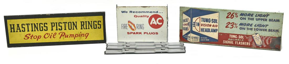 Lot of 3 Catalog Display Signs & Lot of 3 Automobile: Offered Without Reserve - There is NO ESTIMATE on this item. - Lot of 3 Catalog Display Signs. AC Delco Fire Ring Spark Plugs. Hastings Piston Rings. Tung Sol. Lot of 3 Vintage Original Automobile