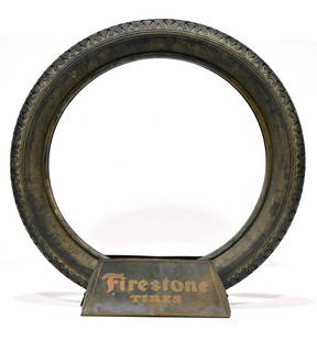 DS Firestone Tires Display Sign with Firestone Tire: Offered Without Reserve - There is NO ESTIMATE on this item. - Vintage Original Firestone Double-Sided Tire Display Stand Sign with Firestone Tire. Super neat patina and displays well. One side of