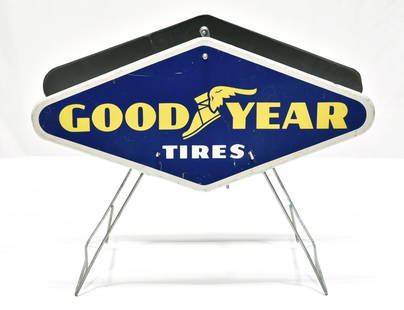 1963 Goodyear Tires DS Display Rack Sign: Offered Without Reserve - There is NO ESTIMATE on this item. - Vintage Original 1963 Goodyear Double-Sided Display Rack Sign. Displays very well with good color and gloss. Some scratches to the