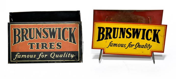 Lot of 2 Brunswick Tires DS Display Signs: Offered Without Reserve - There is NO ESTIMATE on this item. - Vintage Original Lot of 2 Brunswick Tires Famous For Quality Double-Sided Complete Sign. Dimensions: Solid one meaures 11.5" x 7". Has