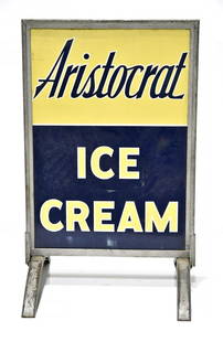 Aristocrat Ice Cream DS Metal Sidewalk Sign in Frame: Offered Without Reserve - There is NO ESTIMATE on this item. - Vintage Original Aristocrat Ice Cream Sign. Double-Sided Metal Sidewalk Sign in Frame. Good color. Has wear and scratches. Displays