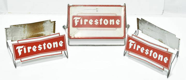 Lot of 3 Firestone Tire Display Signs: One Large Heavy: Offered Without Reserve - There is NO ESTIMATE on this item. - Lot of 3 Firestone Tire Display Signs: One Large Heavy Duty and 2 Double-Sided Complete Die Cut Signs. All 3 are in good condition. They