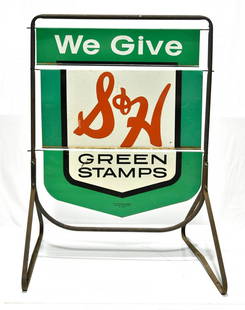 S&H Green Stamps 3 Section Swinging Sidewalk Gas: Offered Without Reserve - There is NO ESTIMATE on this item. - Vintage Original S&H Green Stamps 3 Section Swinging Sidewalk Gas Station Store Double-Sided Sign with Bracket. Good solid condition. Bot