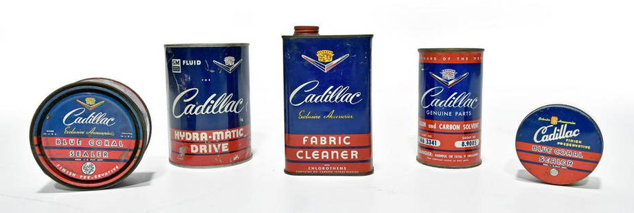 Lot of 5 Cadillac Automobile Cans: Offered Without Reserve - There is NO ESTIMATE on this item. - Vintage Original lot of 5 Cadillac Tin Cans. Super neat lot. All solid and in good condition. They have wear and scratches but display