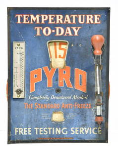 Early PYRO Cardboard w/Tin Frame Temperature Today Gas: Offered Without Reserve - There is NO ESTIMATE on this item. - Early PYRO Cardboard with Tin Frame Temperature Today Gas Station Standard Automobile Antifreeze Radiator Checker with Thermometer &