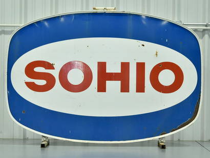 DSP SOHIO Oil Service Station Porcelain Sign in: Offered Without Reserve - There is NO ESTIMATE on this item. - Vintage Original DSP SOHIO Oil Gas Station Service Station Porcelain Sign in Original Frame with Floor Mounts. Good color and gloss on